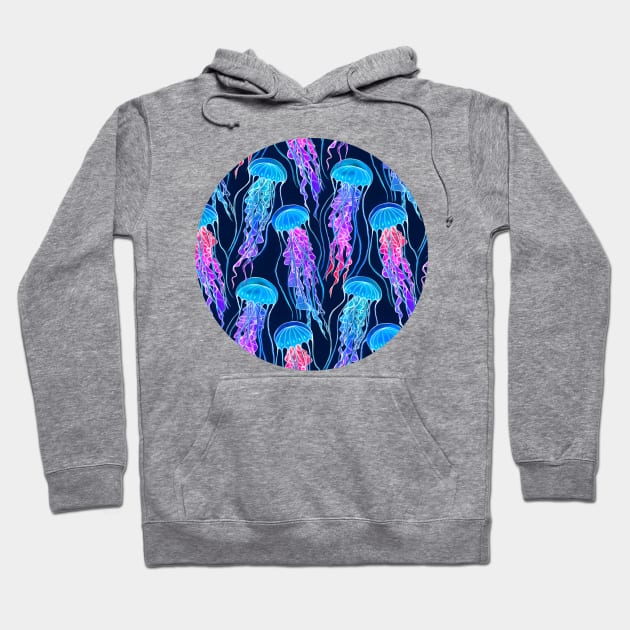 Luminescent Rainbow Jellyfish on Navy Blue Hoodie by micklyn